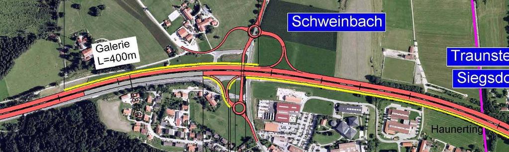 Aufgrund der örtlichen Randbedingungen (Dammlage der Autobahn, zwei Anschlussstellen, Brücke über die Weiße Traun) kommen Einhausungen für den Kernbereich von Siegsdorf nicht in Betracht.
