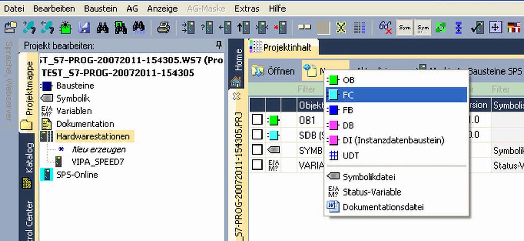 WinPLC7 Beispiel zur Projektierung > Projektierung Programmierung von FC 1 Die SPS-Programmierung findet in WinPLC7 statt.