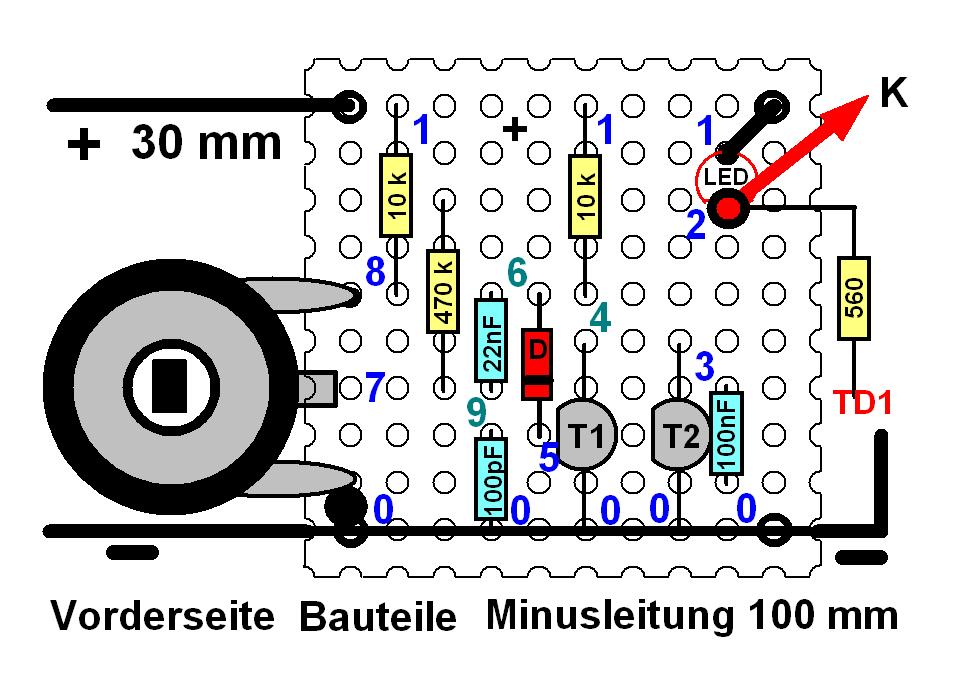 - 3-6. Spulenwickeln: Schneide zwei Schaltdrähte (0,5) von 500 mm Länge ab. Bohre 2 Bohrlöcher 1 mm (x; y) in die Stütze unter das Röhrchen (Bild Seite 1).