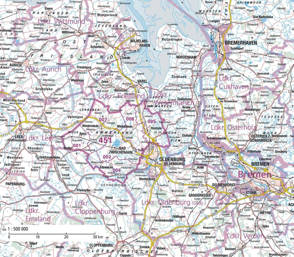 Übersicht und Gebietsentwicklung Der Landkreis Ammerland gehört mit einer Fläche von 728,33 km² und einer Einwohnerzahl von 115 176 (31.12.2004) zu den kleineren niedersächsischen Kreisen.