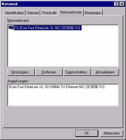 4 Installation und Konfiguration unter NT 4.0 Dieses Kapitel beschreibt die Installation der Netzwerkkarten und die Konfiguration des TCP/IP-Protokolls für Windows NT 4.0. Falls eine vorhandene Netzwerkkarte durch eine neue ersetzt werden soll, muss die alte Karte zuerst deinstalliert werden.