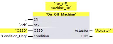 4 Funktionsmechanismen 4.2.4 Programmbaustein: On_Off_Machine Programm Funktion Sicherheitsprogramm Der Baustein realisiert das Einschalten oder Ausschalten der Maschine.