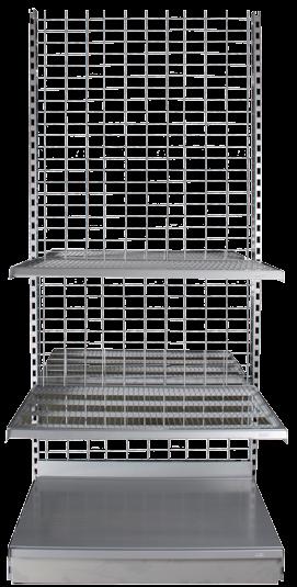 WINKELSTELLING - RAYONNAGE - REGALSYSTEM - SHOP SHELVING kleur couleur farbe color: RAL 9006 5 100 x 220 cm met draad - avec fil mit Draht - with wire Draad - fil - Draht - wire = 220 x 100 cm (HxB)