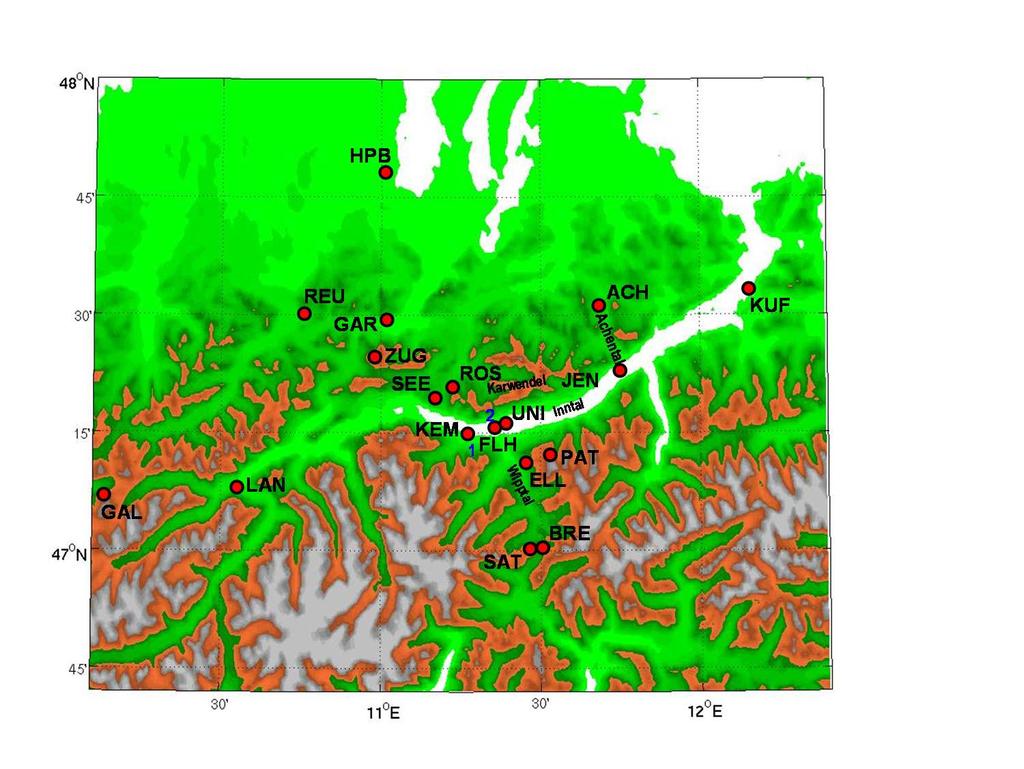 . Auswahl und geografische Lage der Wetterstationen Abbildung.: Topographieausschnitt vom Inntal. Weiße Flächen stehen für Regionen unter Meter Meereshöhe. Berge über Meter sind hellgrau eingefärbt.