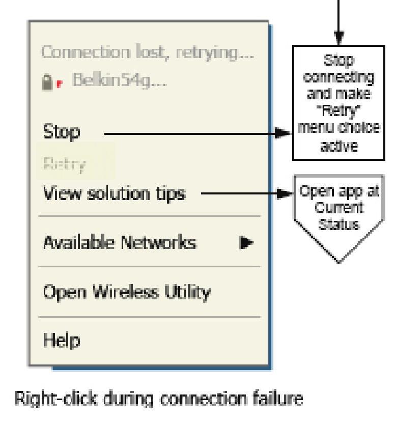 Verwenden des Dienstprogramms für kabellose Netzwerke von Belkin Verbindungsfehler Andere Optionen werden während des Versuchs, eine Verbindung herzustellen, angezeigt.
