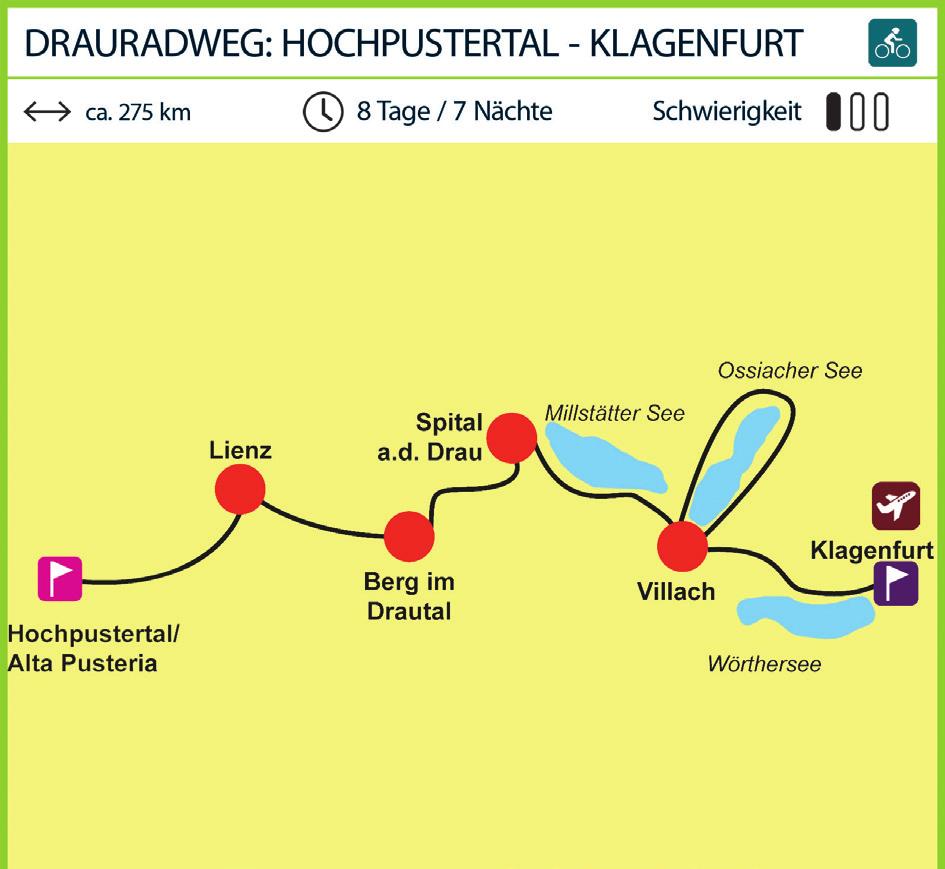 Von dort geht es weiter über die Ortschaften Spittal und Villach nach Klagenfurt.