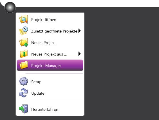 5. Projekt-Manager im Profi Am Profi verwalten und exportieren Sie Ihre Projekte über den Projekt-Manager. Klicken Sie im Hauptmenü auf Projekt-Manager ().