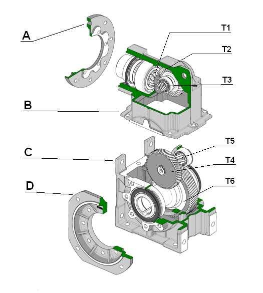 Räder T1, T2, T3 C - Carcassa + ingranaggi T4, T5, T6 Housing + T4, T5, T6 gears Gehäuse u.