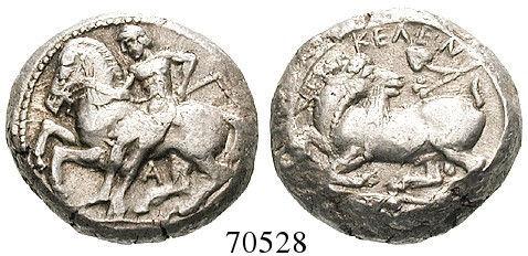 vz 800,- Stater 425-400 v.chr. 10,73 g. Jugendlicher Reiter mit Peitsche springt von einem l. galoppierenden Pferd; Beizeichen A / Ziegenbock lagert r.