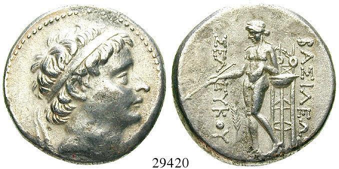 anmutige Darstellung des Apollo; schöne schimmernde Tönung. Schrf. auf Vs., vz/vz+ 700,- 72342 Antiochos IV., 175-164 v.chr. Bronze 34 mm 169-168 v.