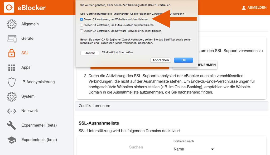 Firefox oder Cliqz Öffnen Sie die eblocker SSL Konfigurationsseite. Klicken Sie auf den Button Zertifikat aufnehmen.