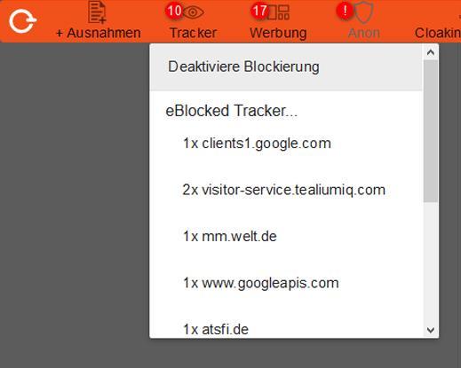 7.4 Tracker und Werbung (Tracker- und Ad-Blocker) Eine der zentralen und wichtigsten Funktionen des eblockers ist es zu verhindern, dass Dritte Ihr Surfverhalten überwachen und so ein detalliertes