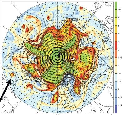 Abbildung 3: Potentielle Vorticity Karte: Hurricane Andrews K Isentropne befindet sich am Nordpol auf einer Höhe von 300 hpa (9 km) und beim Hurrikane welcher sich bei einer Breite von ca.