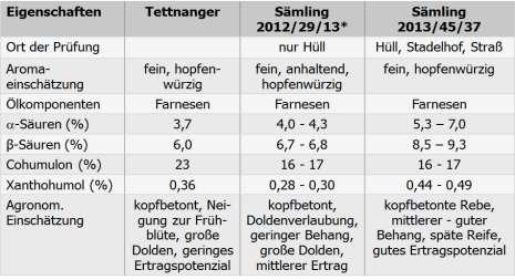 Tab. 4.3: Ernteergebnisse aus der Stammesprüfung 2015 mit zwei Zuchtstämmen im Vergleich zur Tettnanger Landsorte 1in Gew.-%; 2 in % rel.