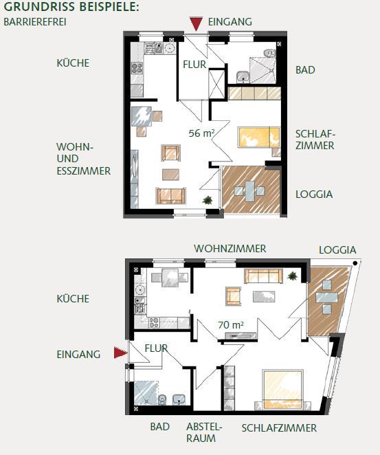 Die Wohnungen Mix aus öffentlich geförderten und frei finanzierten 2 und 3 Zimmerwohnungen Barrierefrei gemäß DIN 18040-2 Eingestreut rollstuhlgerechte Wohneinheiten gemäß DIN 18040-2 R
