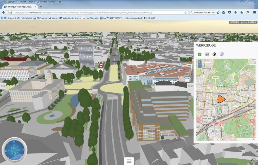 3D-Stadtmodell Karlsruhe im Internet Echtzeitfähiges Basismodell des Stadtgebietes Nutzung im Standard-Browser / keine Zusatz-Software erforderlich Ein Prototyp ist bereits verfügbar Geplante