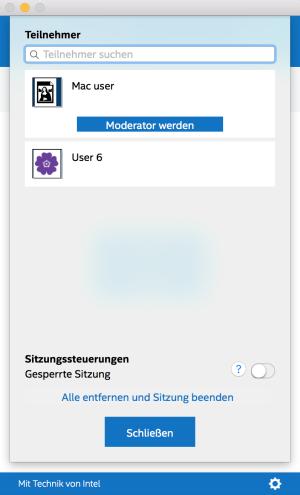 Windows Client-Geräte: Moderator macos Client-Geräte: Moderator Der Moderator kann jemanden zum Moderator oder Referent ernennen oder einen Teilnehmer Trennen.