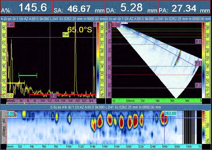 Schweissnahtprüfung mit Ultraschall Diese Darstellung beinhaltet alle Informationen aus der Phased-Array-Prüfung.
