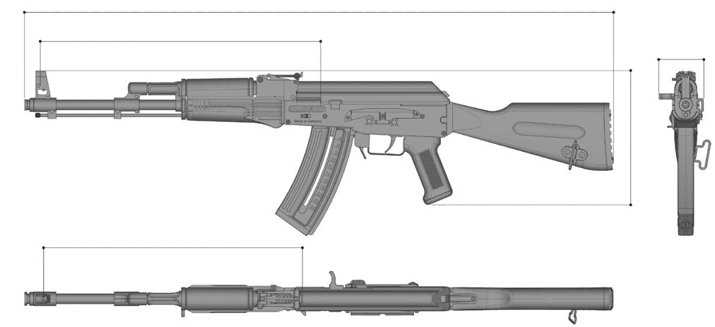 D-04: Technische Daten: GSG-AK47 Kaliber 22 Long Rifle HV 22 Gesamtlänge 927 mm Gesamthöhe 206,7 mm Breite 70,6 mm Lauflänge 450 mm Drall-Länge
