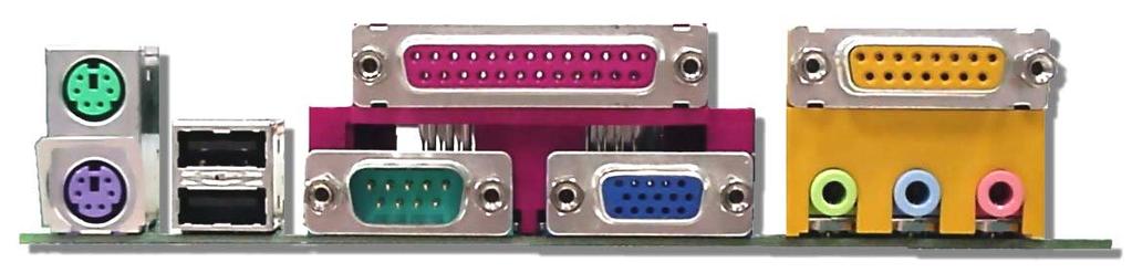 PC99, farbkodiertes Feld auf der Rückseite Die Onboard I/O-Geräte sind: PS/2-Tastatur, PS/2-Maus, COM1-Schnittstelle, 15-Pin VGA-Anschluss, Druckerschnittstelle, acht USB-Anschlüsse, AC97-Sound und
