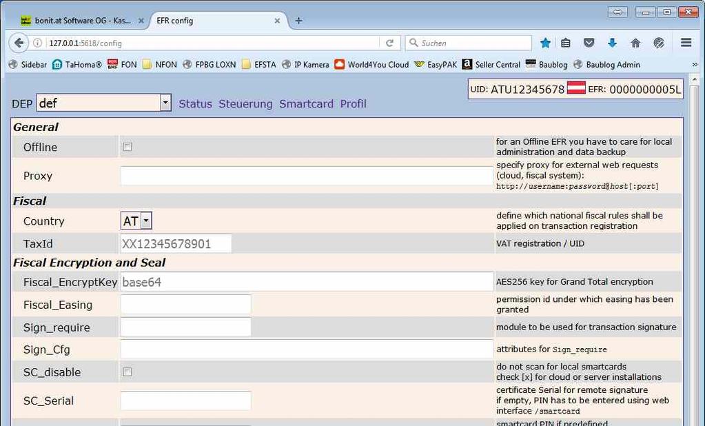 4) EFSTA Register (EFR) konfigurieren Starten Sie über einen HTML5-fähigen Browser folgende lokale Webseite: