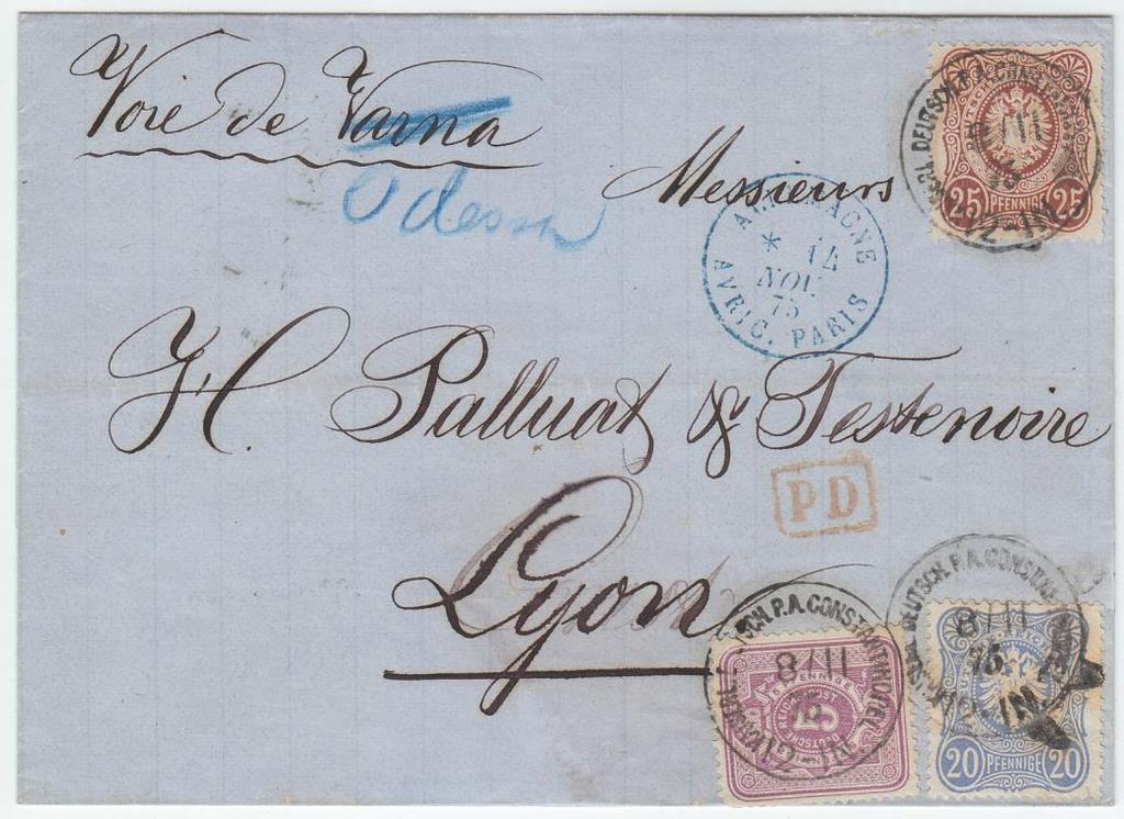 Im November 1875 war Frankreich noch nicht Mitglied des Allgemeinen Postvereins und deshalb kosteten beide Leitwege unterschiedlich viel: 45 Pf.