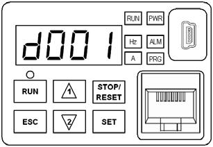 4. Eingabe von Parametern 4.1 Beschreibung des Bedienfeldes Die Frequenzumrichter der Serie WJ200 lassen sich auf einfache Weise mit der Bedieneinheit bedienen und konfigurieren.