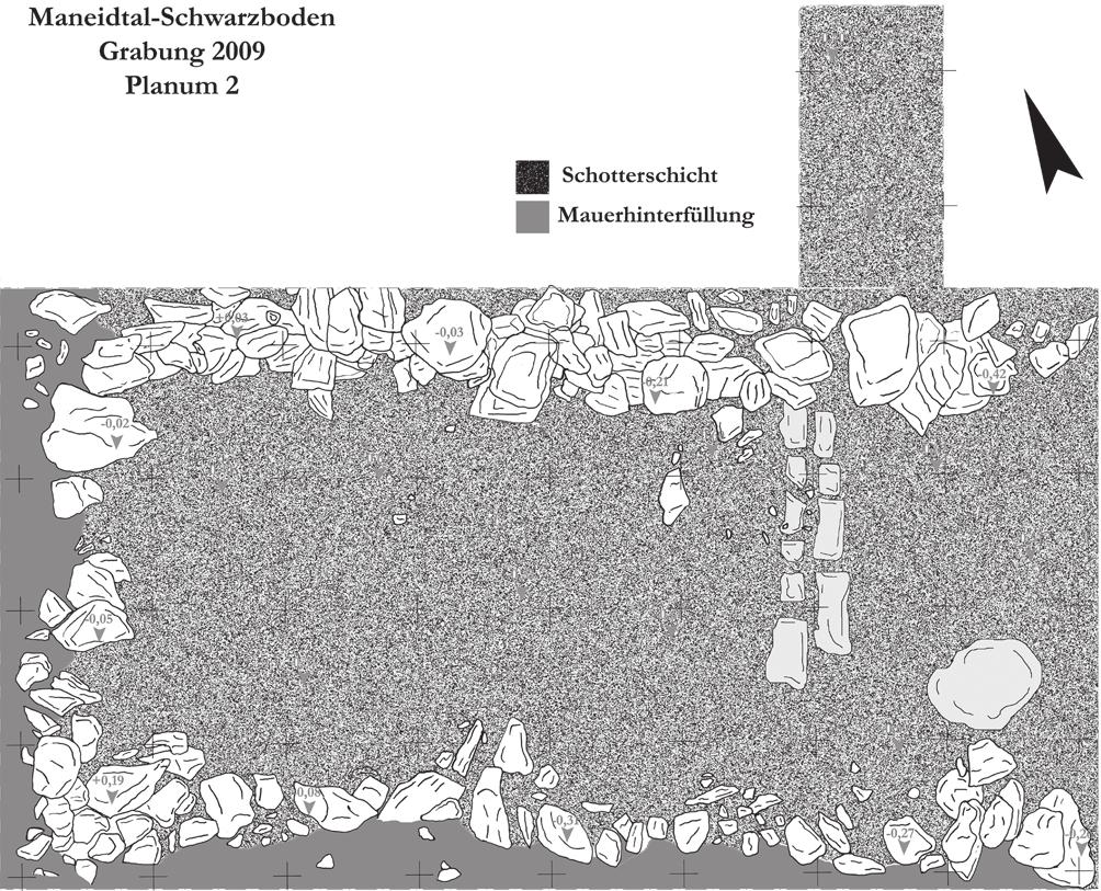 Eine prähistorische Almhütte auf dem Schwarzboden im Maneidtal, Südtirol/Vinschgau 37 Abb. 5. Schwarzboden im Maneidtal, Mauerreste der frühlatènezeitlichen Hütte. 2 Fadenkreuze entsprechen 1 m.