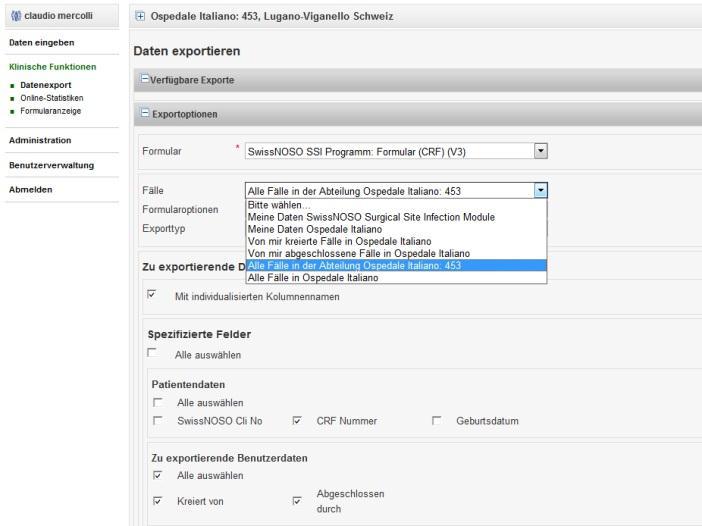 6. KLINISCHE FUNKTIONEN 6.1. Datenexport - Berechtigung Im SwissNOSO Register kann grundsätzlich nur der Benutzer mit Profil Klinischer Administrator die Daten seiner Klinik/Kliniken exportieren. 6.2.