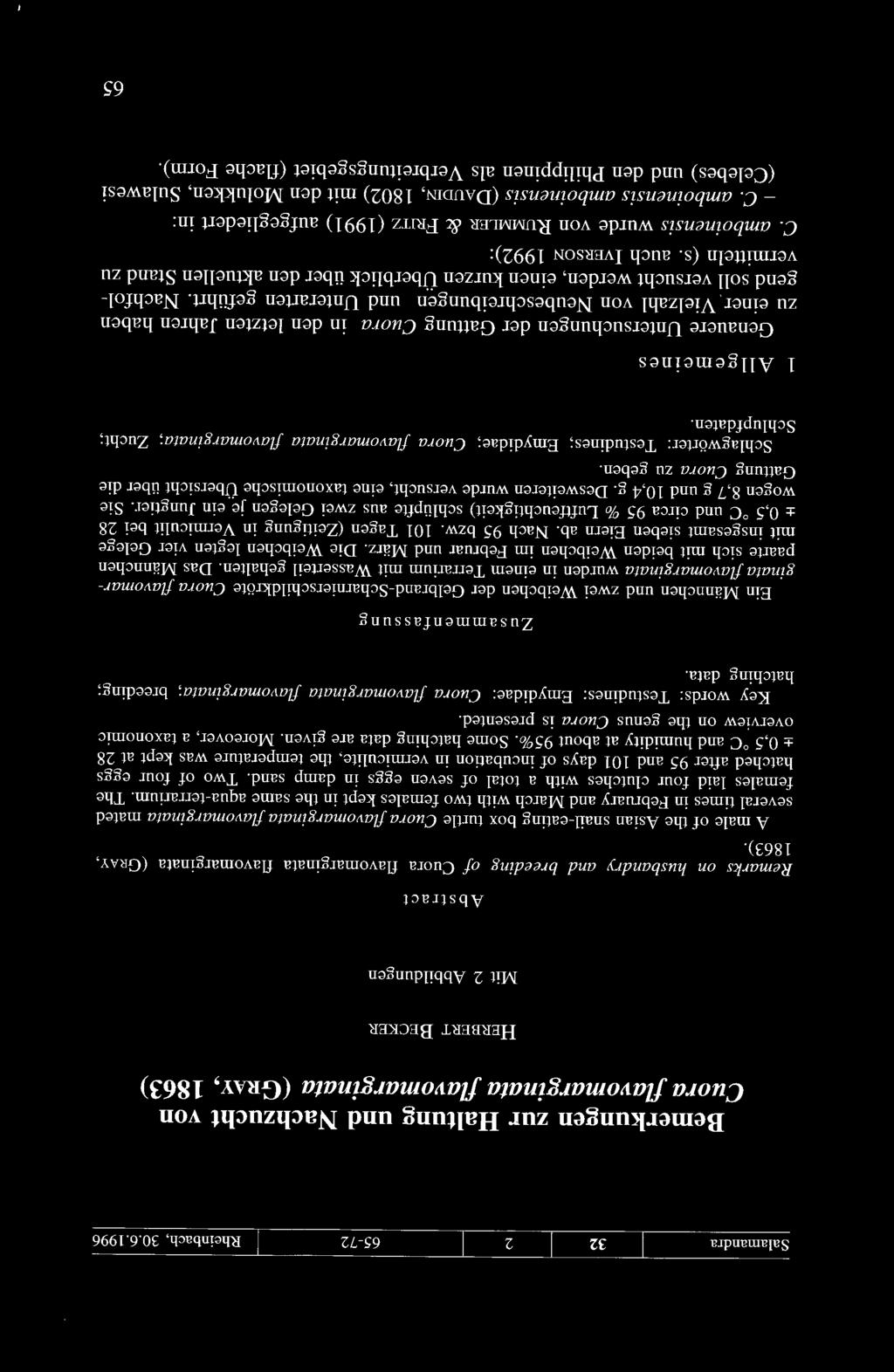 1996 Bemerkungen zur Haltung und Nachzucht von Cuora flavomarginata flavomarginata (GRAY, 1863) HERBERT BECKER Mit 2 Abbildungen Abstract Remarks an husbandry and breeding of Cuora flavomarginata