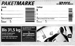 9,90 91-1505 dito mit Tagesstempel aus der Zeit 9,90 Paketmarke Deutschland bis 31,5 kg, jetzt mit Zusatzfeld für Zusatzmarke. Hologramm mit Logo DHL u. Weltkugel.