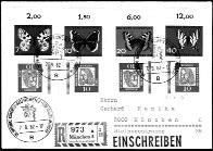 1900,00 91-1616 Bund Heuß III, Michel-Nr 302/6 als Viererblock gestempelt aus Bedarf. Die Werte 40 und 70 Pf sind geprüft Schlegel.