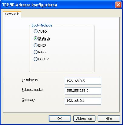Netzwerkdrucker konfigurieren d Wählen Sie Statisch als Boot-Methode. Geben Sie IP-Adresse, Subnetzmaske und Gateway (bei Bedarf) des PrintServers ein. Windows 2 Macintosh e Klicken Sie auf OK.