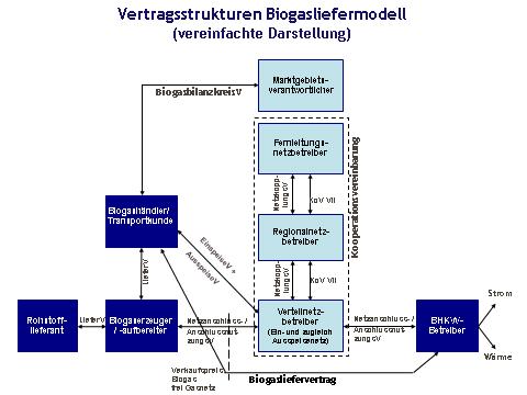 Abbildung 1 Vertragsstruktur Biogasliefermodell [Beschreibungstext für barrierefreien Zugang: Die Darstellung zeigt als Pfeildiagramm die im Text beschriebenen Vertragsstrukturen.