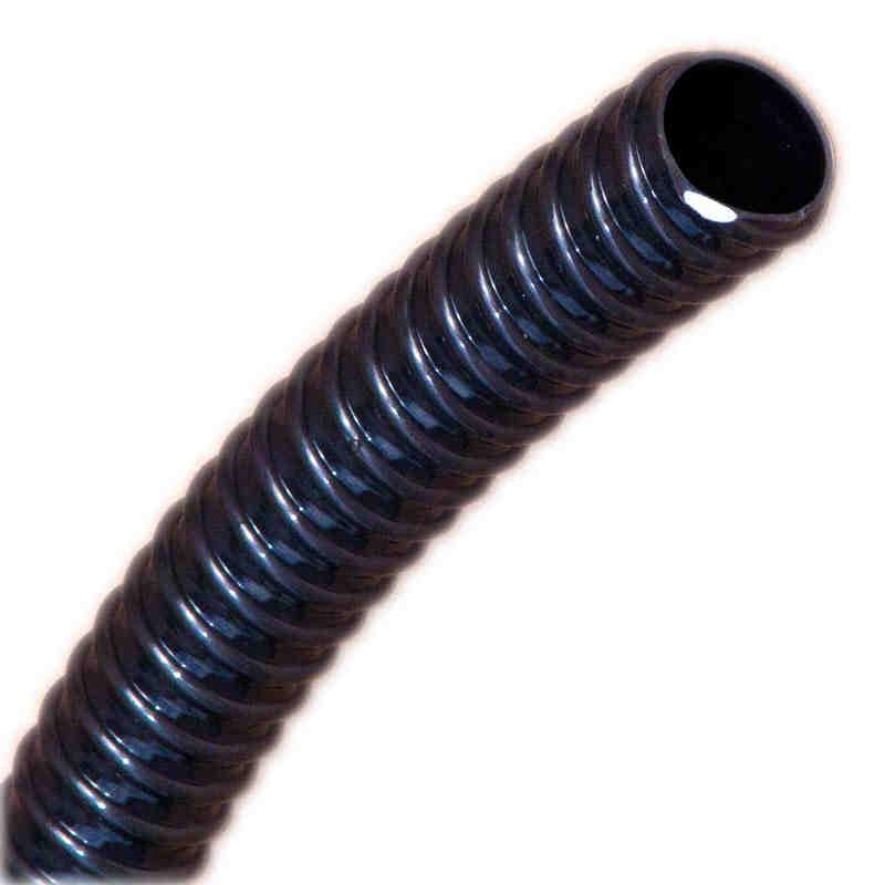 Die schwarzen Teichschläuche von Rehau haben eine Hartspirale aus Kunststoff, welche mit dem eigentlichen Schlauchgummi überzogen ist. Aussen ist der Schlauch geriffelt und innen glatt.