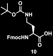 5 Fmoc-L-Dab(Boc)-OH (10) Produkt 10 (500 mg, 1,1 mmol) wurde in H 2 O (80 ml) gelöst und 2 eq. NaHCO 3 (247 mg, 2,9 mmol) wurden unter Rühren zugegeben.