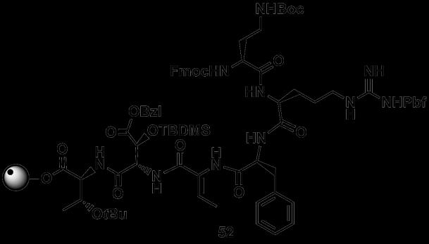 7 Kupplung Fmoc-L-Arg(Pbf)-OH zu 51 Die Kupplung von Fmoc-L-Arg(Pbf)-OH erfolgte nach der allgemeinen Methode 10: Fmoc-L-Arg(Pbf)-OH: 272,5 mg, 0,42 mmol; HBTU: 159 mg, 0,42 mmol; HOBt: 56 mg, 0,42