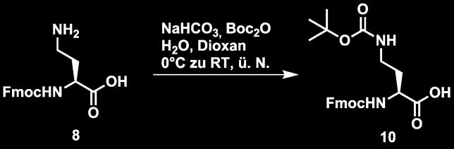 Ergebnisse und Diskussion 50 1.1.2 Synthese von Fmoc-L-Dab(Boc)-OH (10) und Fmoc-D-Dab(Boc)-OH (11) Zur Schützung der Seitenketten-Aminogruppe wurde die Boc-Schutzgruppe gewählt.
