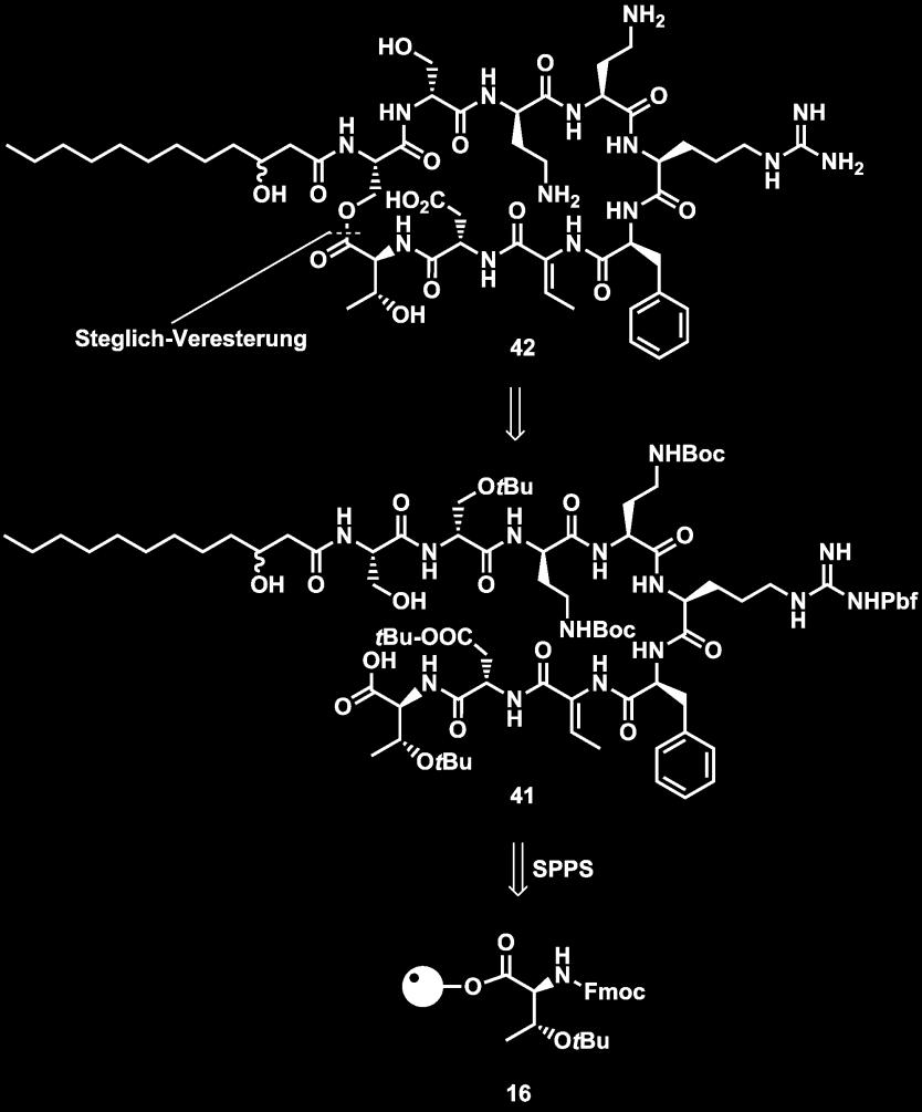 Abbildung 28: Retrosynthese für das Derivat 42 mit 3-Hydroxyl-substituiertem Fettsäurerest (rot). Hierzu musste zunächst eine geeignete Schutzgruppe für die Hydroxylgruppe gefunden werden.