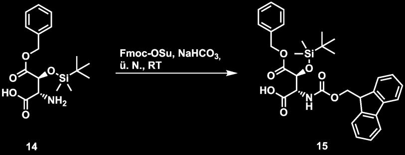 Ergebnisse und Diskussion 75 Abbildung 40: Synthese (2S,3S)-2-Fmoc-amino-4-(benzyloxy)-3-(tert-butyldimethylsilyloxy)- 4-oxobutansäure (Fmoc-L-threo-β-HyAsp(OBzl, TBDMS)-OH) (15).