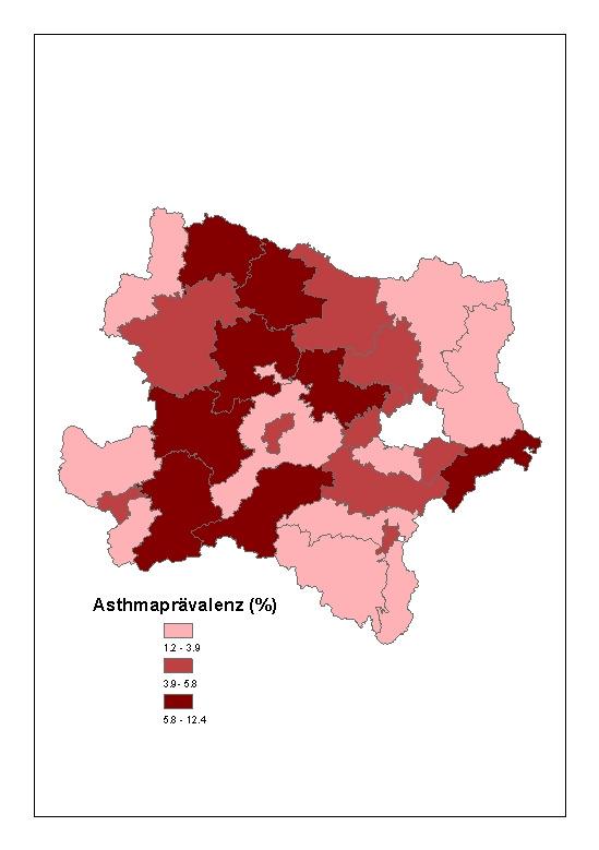 Abbildung 15: 6-7-Jährige Kinder in Niederösterreich, Landkarte der Lebenszeitprävalenz von Asthma nach
