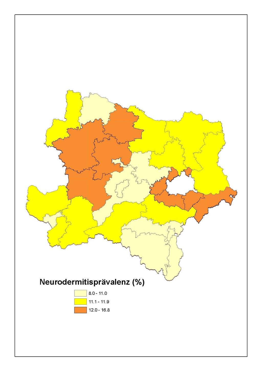 Abbildung 17: 6-7-Jährige Kinder in Niederösterreich, Landkarte der Lebenszeitprävalenz von Neurodermitis