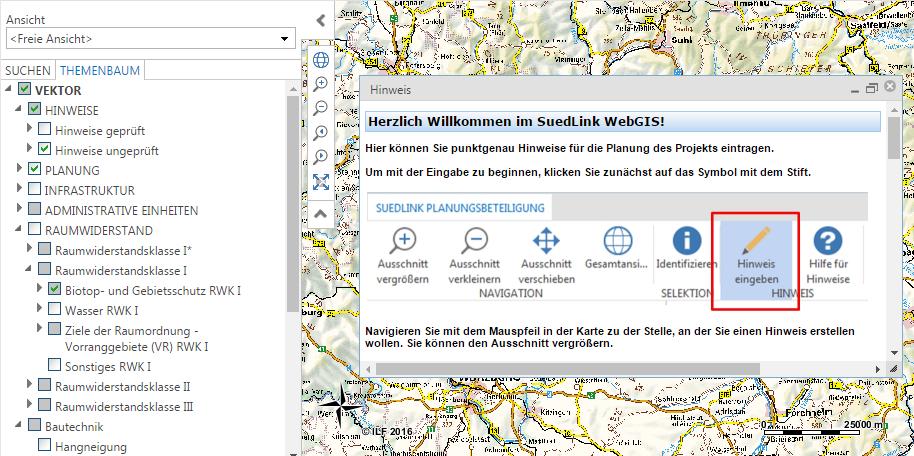 Online-Beteiligung: WebGIS Erreichbar über beide Projektwebseiten TenneT und TransnetBW: Startseite mit Hinweisen zur Nutzung des WebGIS für die