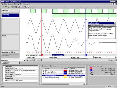 Bedienoberfläche von AutoSPy in der Kurvenschreiberansicht. Der Flag-Mechanismus dient zum Markieren von Ereignissen in der Signalspur und die Cursor zum Ausmessen von Zeitspannen.