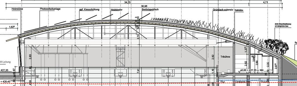 Projektbeschreibung Tragwerksplanung Dachkonstruktion: Primärkonstruktion Hallendach: Holzbinder mit Unterspannung in Stahlbau Sekundärkonstruktion: zwischen den Trägern eingebaute