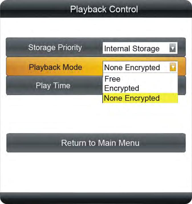 Playback Mode: Abspielmodus Es gibt Optionen, wie nachfolgend abgebildet: Free: Der Benutzer kopiert die Medien-Dateien auf USB-Stick und das LCD-Display wird es direkt lesen Encrypted (nur mit ADPE