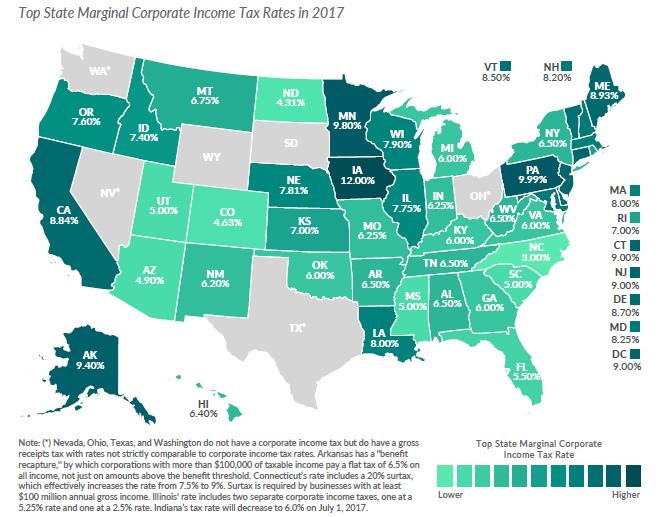 US-Bundesstaaten Körperschaftsteuersätze Stand 1.