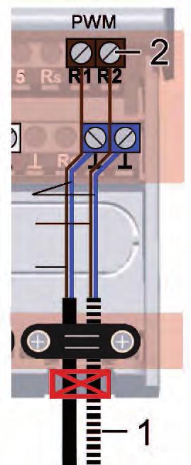 Stecken Sie den Stecker des vormontierten Pumpenkabels "P sek" auf die Zirkulationspumpe [D]. 5. Schließen Sie das PWM2-Kabel [1] der Zirkulationspumpe an der Klemme "PWM" R2 [2] an.