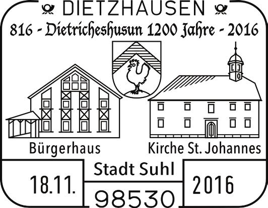 98530 DIETZHAUSEN - 18.11.2016 Stempelnr.: 22/329 Sonderstempel 1200 Jahre Dietzhausen und Fotoausstellung Streifzüge Dietzhausen Bäckerei Schubert, Hauptstr.