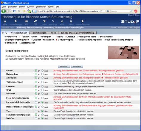 Module und Plugins wählen Wenn Sie Ihren Studierenden den elektronischen Semesterapparat verfügbar machen wollen, aktivieren Sie das esaveranstaltungsplugin.